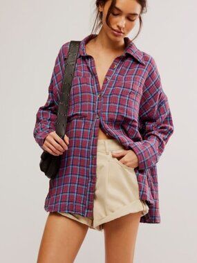 Free People Women's Cardiff Plaid Button Down in Purple Combo Size Large